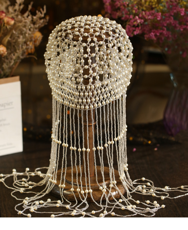 Bridal Hair Accessory Vintage Pearl Beaded Headpiece Handcrafted Crochet Design